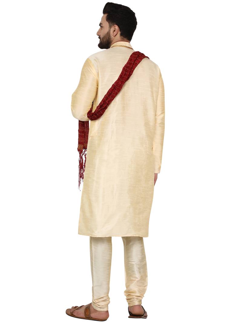 Beige embroidered art silk kurta-pajama