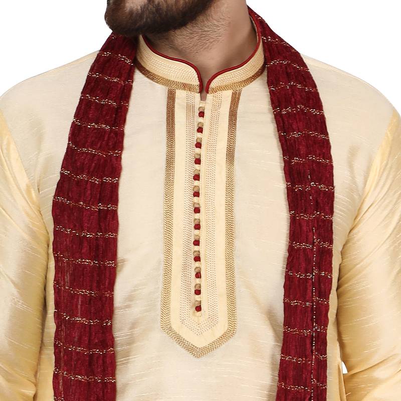Beige embroidered art silk kurta-pajama