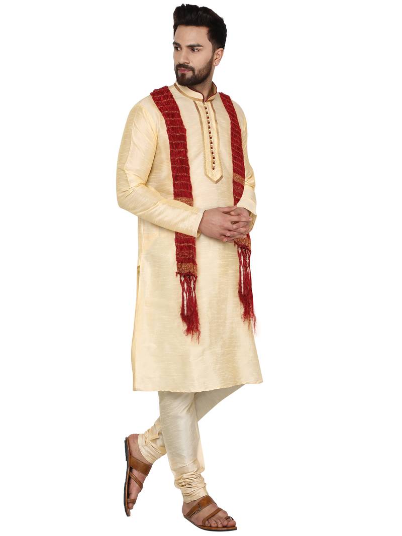 Beige embroidered art silk kurta-pajama