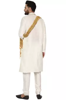 White embroidered art silk kurta-pajama