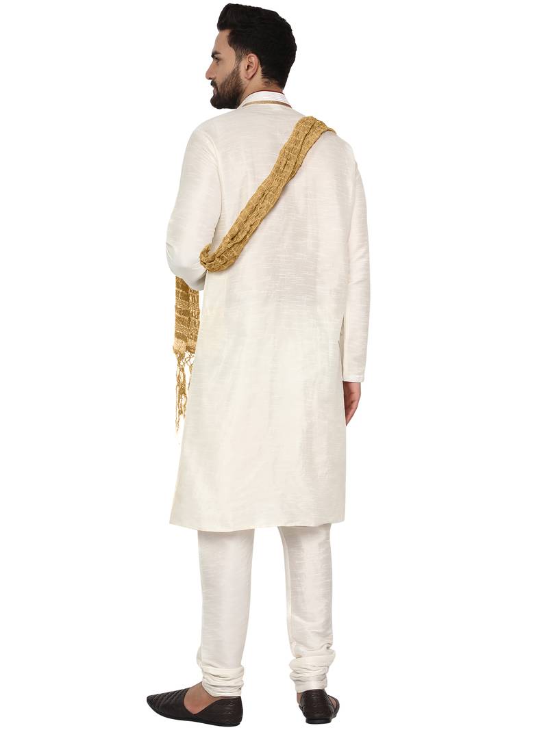White embroidered art silk kurta-pajama
