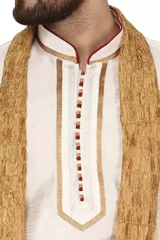 White embroidered art silk kurta-pajama