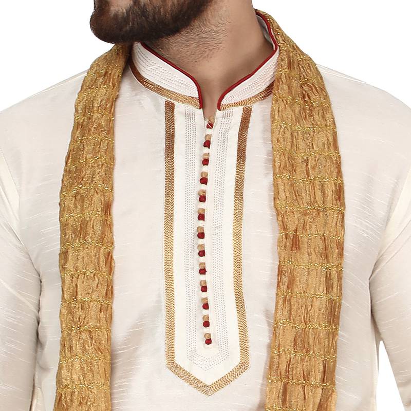 White embroidered art silk kurta-pajama