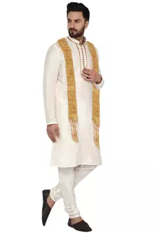 White embroidered art silk kurta-pajama