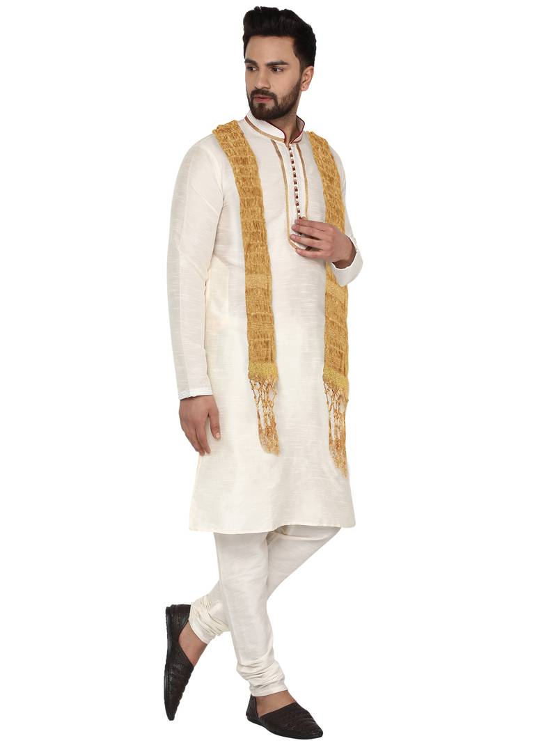 White embroidered art silk kurta-pajama