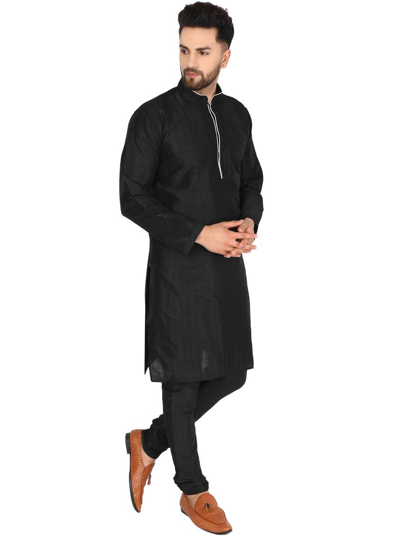 Black embroidered art silk kurta-pajama