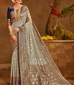 Grey Woven Silk Blend Saree With Blouse
