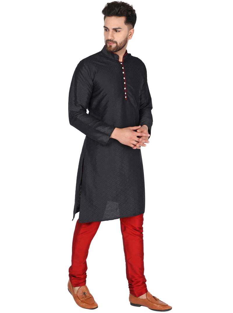 Black embroidered art silk kurta-pajama