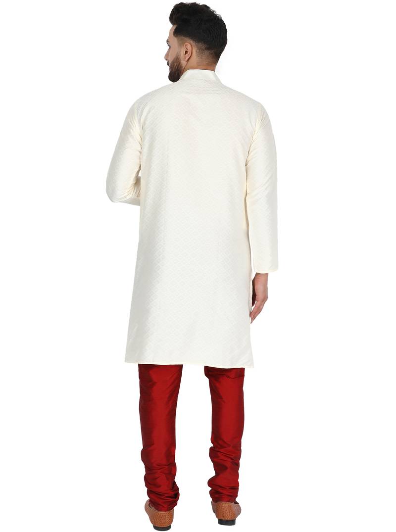 White embroidered art silk kurta-pajama