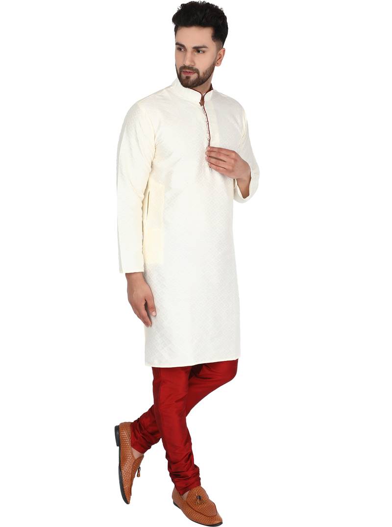 White embroidered art silk kurta-pajama