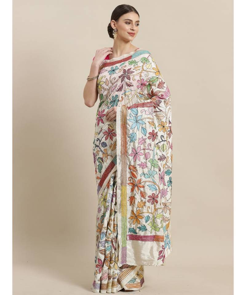 White & Pink Kantha Work Handloom Saree