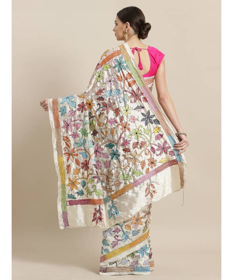 White & Pink Kantha Work Handloom Saree