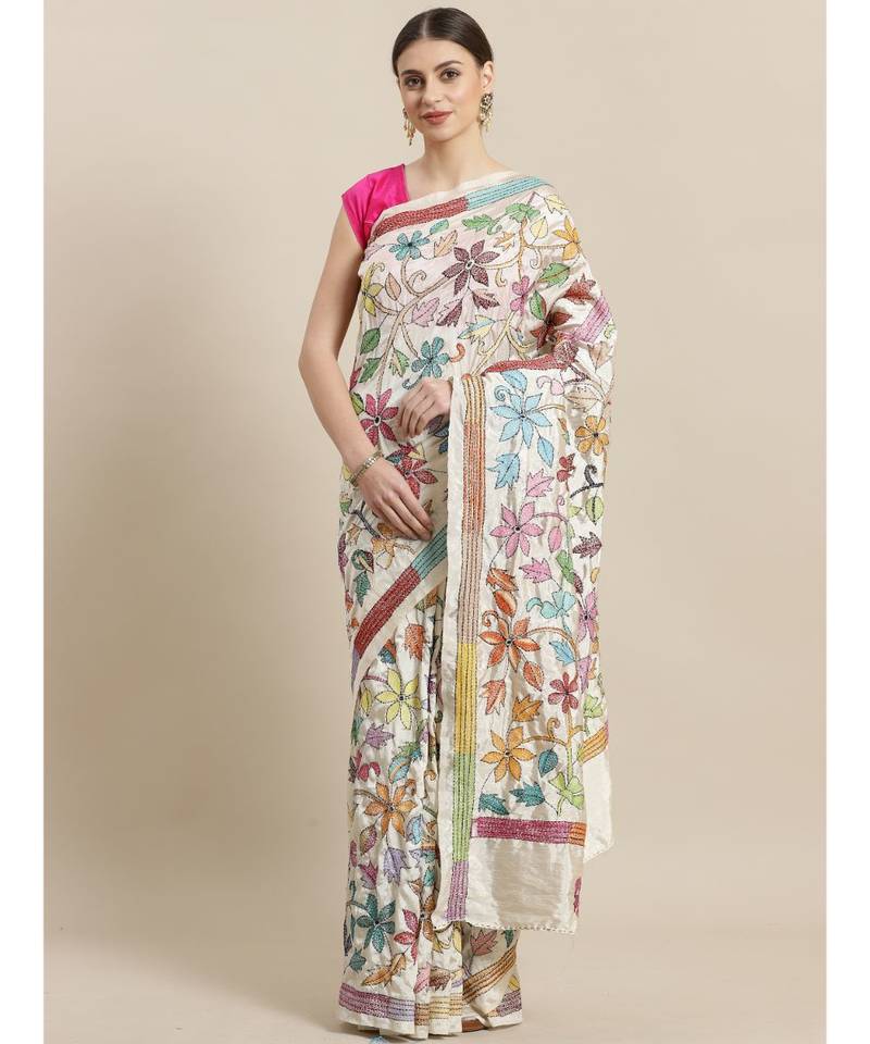 White & Pink Kantha Work Handloom Saree