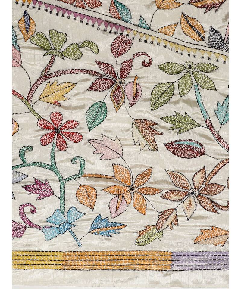 White & Pink Kantha Work Handloom Saree