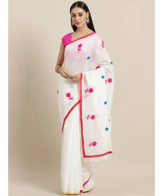 White & Pink Handloom Embroidered Saree 1