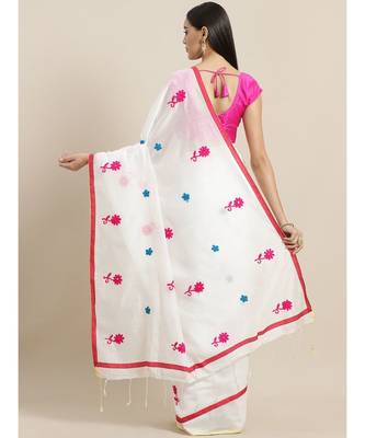 White & Pink Handloom Embroidered Saree 2