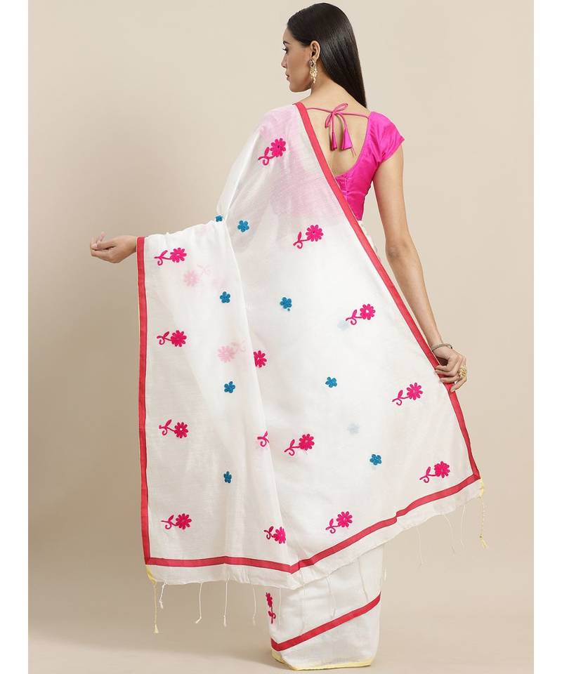 White & Pink Handloom Embroidered Saree