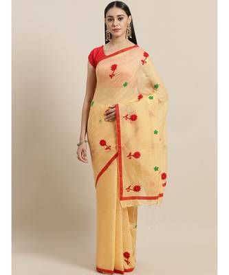 Yellow & Red Bengal Handloom Embroidered Saree 1