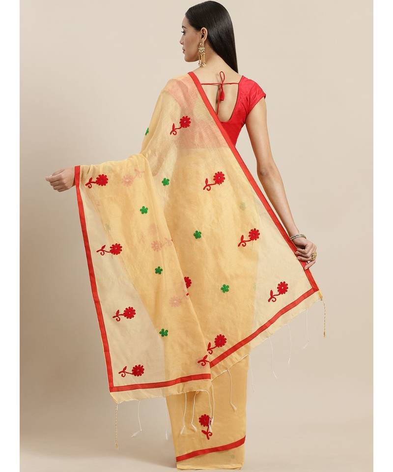 Yellow & Red Bengal Handloom Embroidered Saree