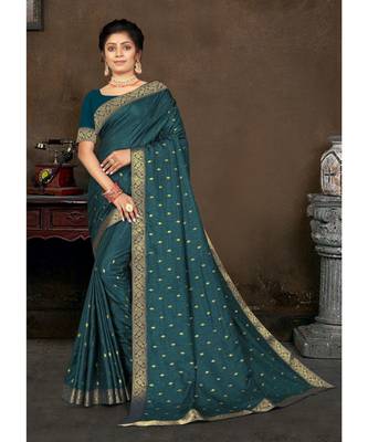 Teal Blue Vichitra silk Lace Work Designer Saree 1