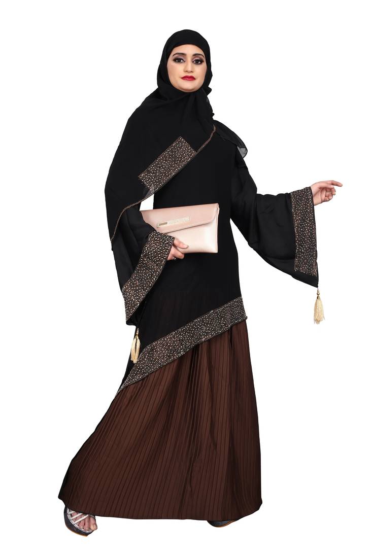 Khadija Fashion, Women's Heavy  Crush Fabric Brown Color Burqa,Rainbow Diamond worked Dupatta.