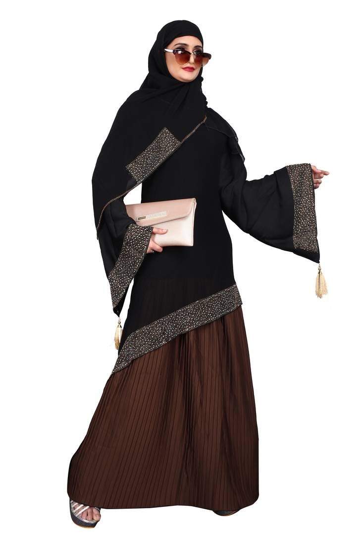 Khadija Fashion, Women's Heavy  Crush Fabric Brown Color Burqa,Rainbow Diamond worked Dupatta.