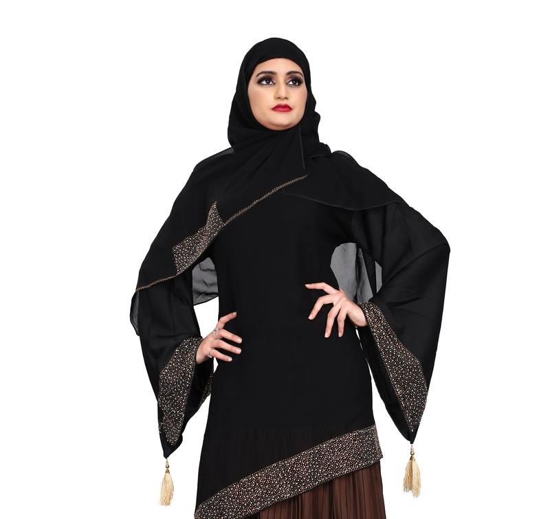 Khadija Fashion, Women's Heavy  Crush Fabric Brown Color Burqa,Rainbow Diamond worked Dupatta.