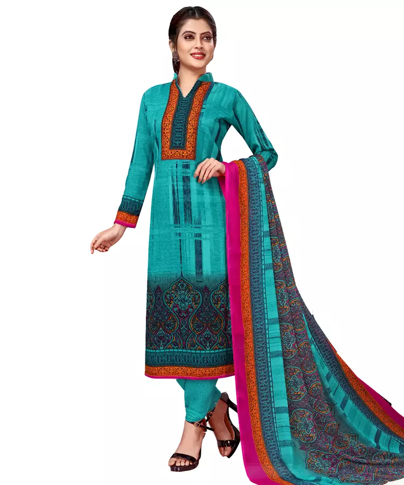 Teal Printed Leon Unstitched Salwar- Kameez