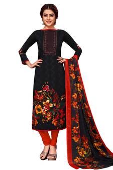Black Floral Print Leon Unstitched Salwar- Kameez