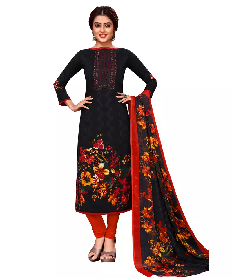 Black Floral Print Leon Unstitched Salwar- Kameez