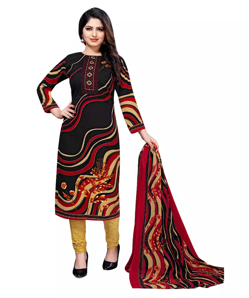 Black Floral Print Leon Unstitched Salwar- Kameez