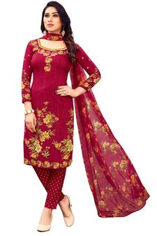 Red Floral Print Leon Unstitched Salwar- Kameez