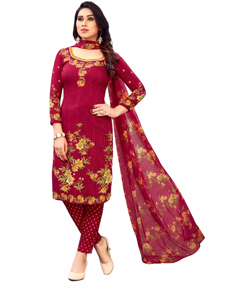 Red Floral Print Leon Unstitched Salwar- Kameez