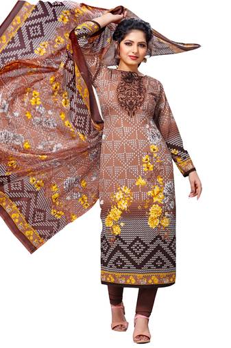 Brown Floral Print Leon Unstitched Salwar- Kameez
