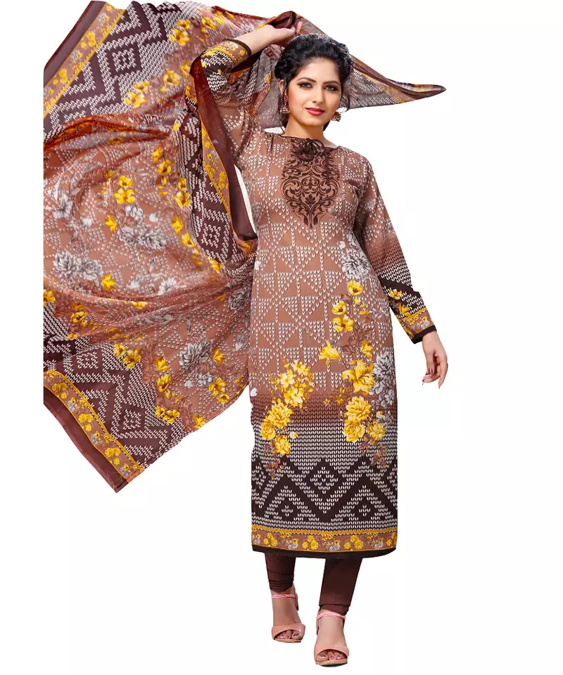 Brown Floral Print Leon Unstitched Salwar- Kameez