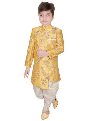Yellow embroidered cotton silk boys-kurta-pyjama 1