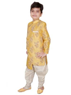 Yellow embroidered cotton silk boys-kurta-pyjama 3
