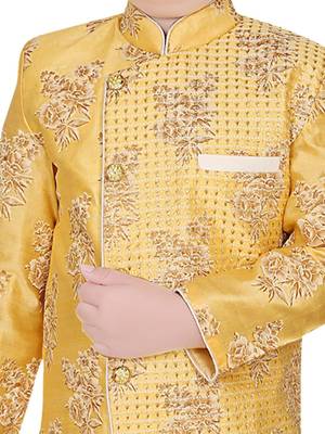 Yellow embroidered cotton silk boys-kurta-pyjama 4