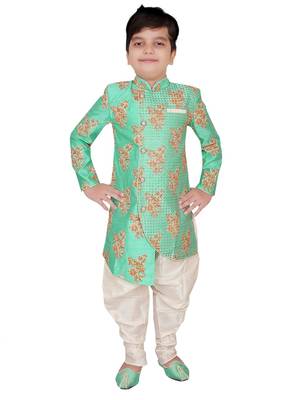 Turquoise embroidered cotton silk boys-kurta-pyjama 1