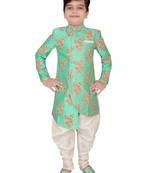 Turquoise embroidered cotton silk boys-kurta-pyjama
