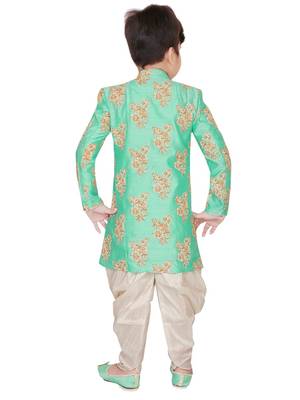 Turquoise embroidered cotton silk boys-kurta-pyjama 2