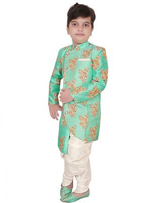 Turquoise embroidered cotton silk boys-kurta-pyjama 3
