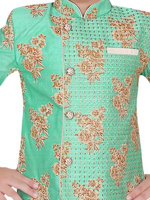 Turquoise embroidered cotton silk boys-kurta-pyjama 4