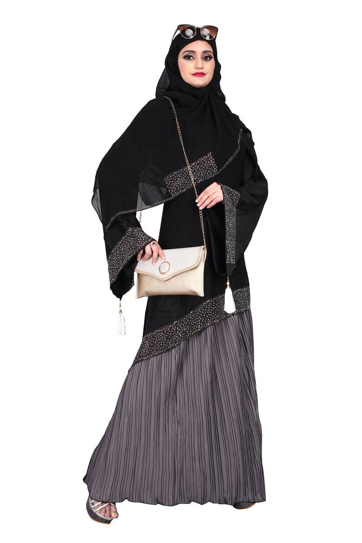 Khadija Fashion,Women's Heavy Grey Color Crush Fabric Burqa, Diamonds Stripe With Scarf,Available Size L,XL,XXL.