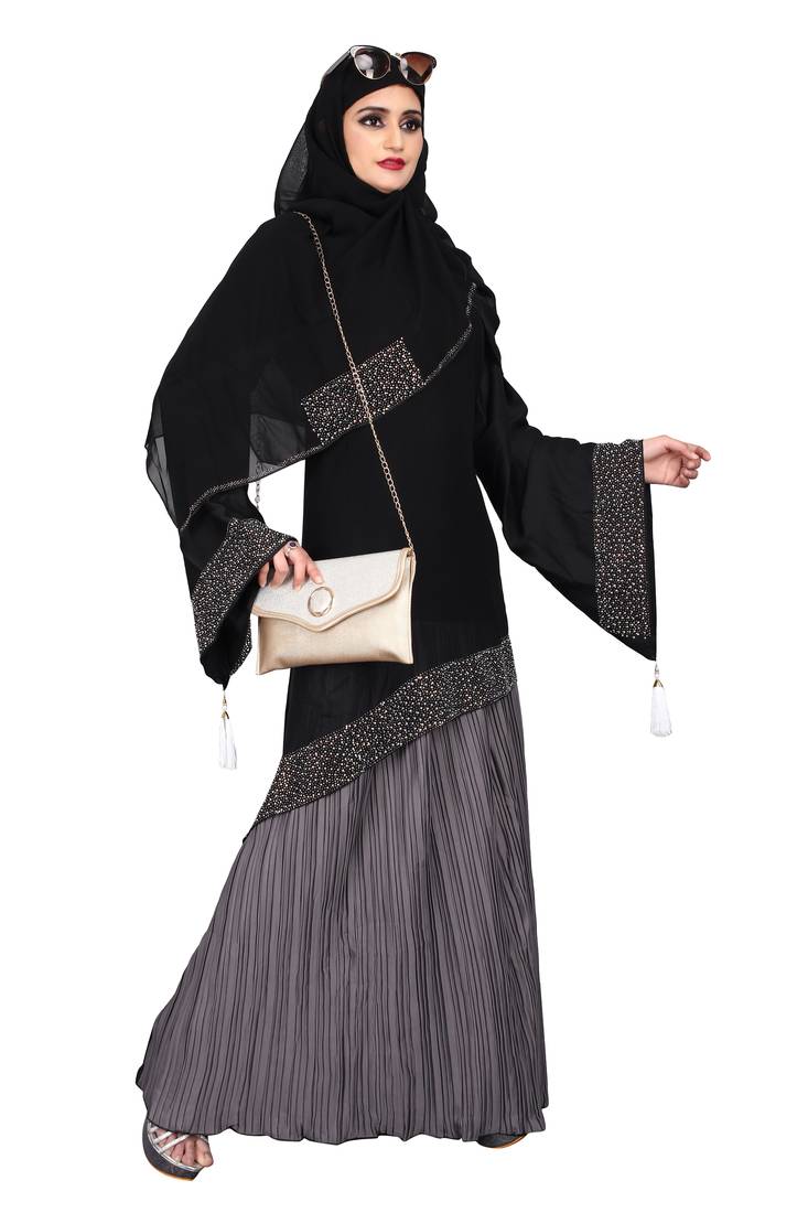 Khadija Fashion,Women's Heavy Grey Color Crush Fabric Burqa, Diamonds Stripe With Scarf,Available Size L,XL,XXL.