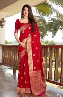 Red woven silk saree with blouse 1