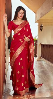 Red woven silk saree with blouse 2