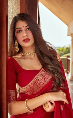 Red woven silk saree with blouse 3