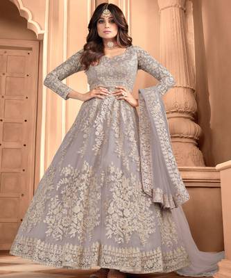  Shamita Shetty Purple Embroidery Wedding Anarkali Suit 1