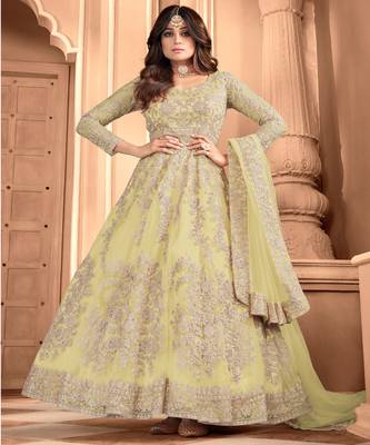 Shamita Shetty  Yellow Embroidery Wedding Anarkali suit 1